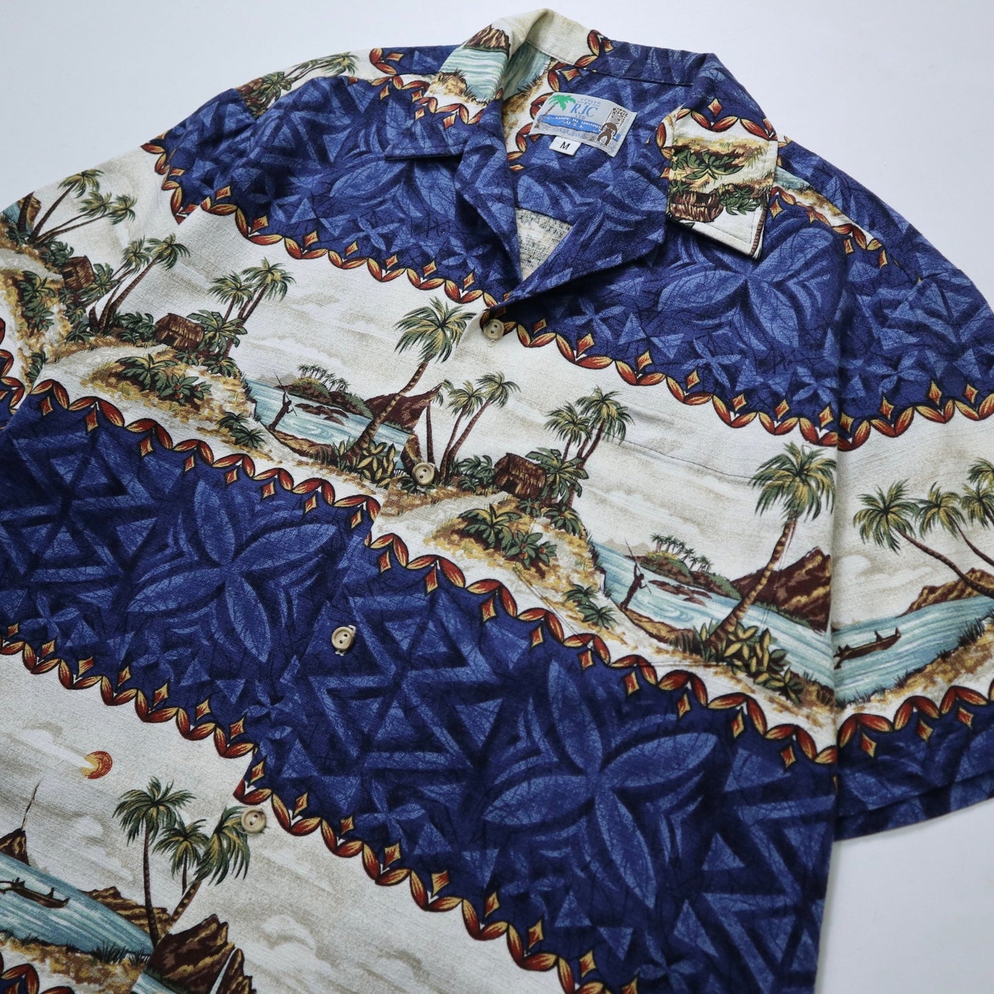 80s RJC 夏威夷製 Barkcloth 椰子樹圖騰 夏威夷襯衫 - 富士鳥古著