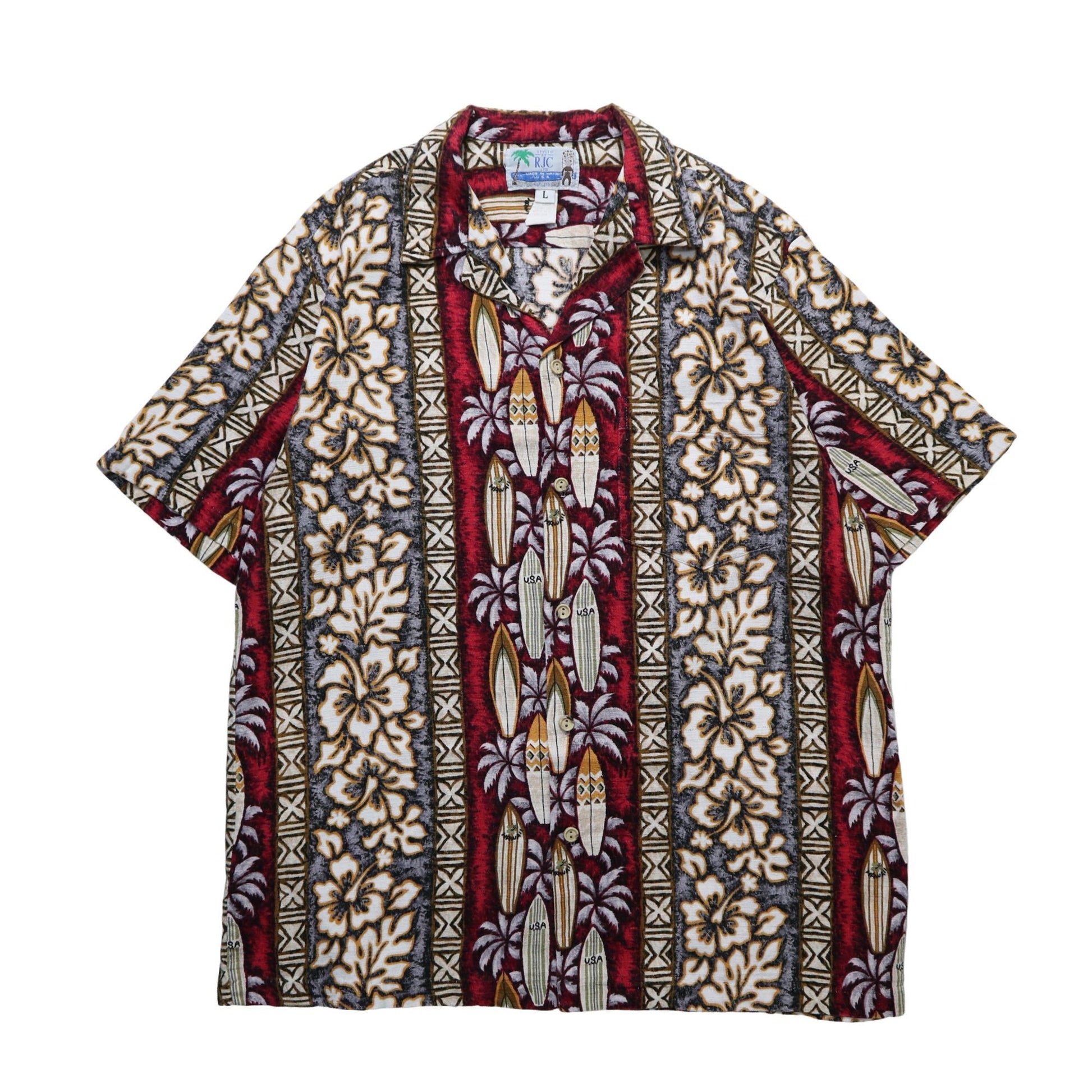 80s RJC 夏威夷製 Barkcloth 扶桑花衝浪板 夏威夷襯衫 - 富士鳥古著