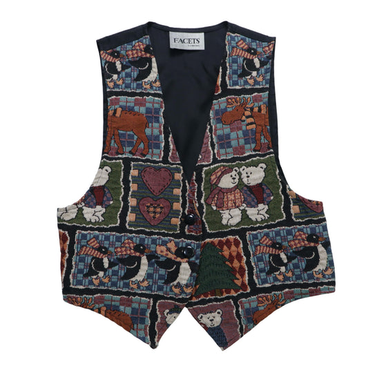 90s American made bear and penguin embroidered tapestry vest