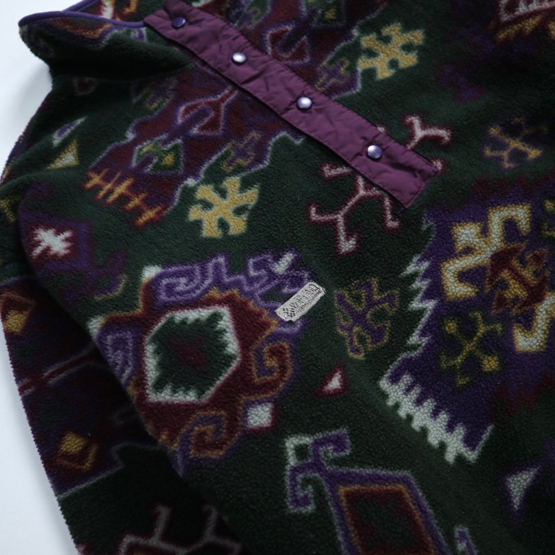 90s Columbia 美國製 綠底幾何圖騰抓毛絨套頭衫 - 富士鳥古著