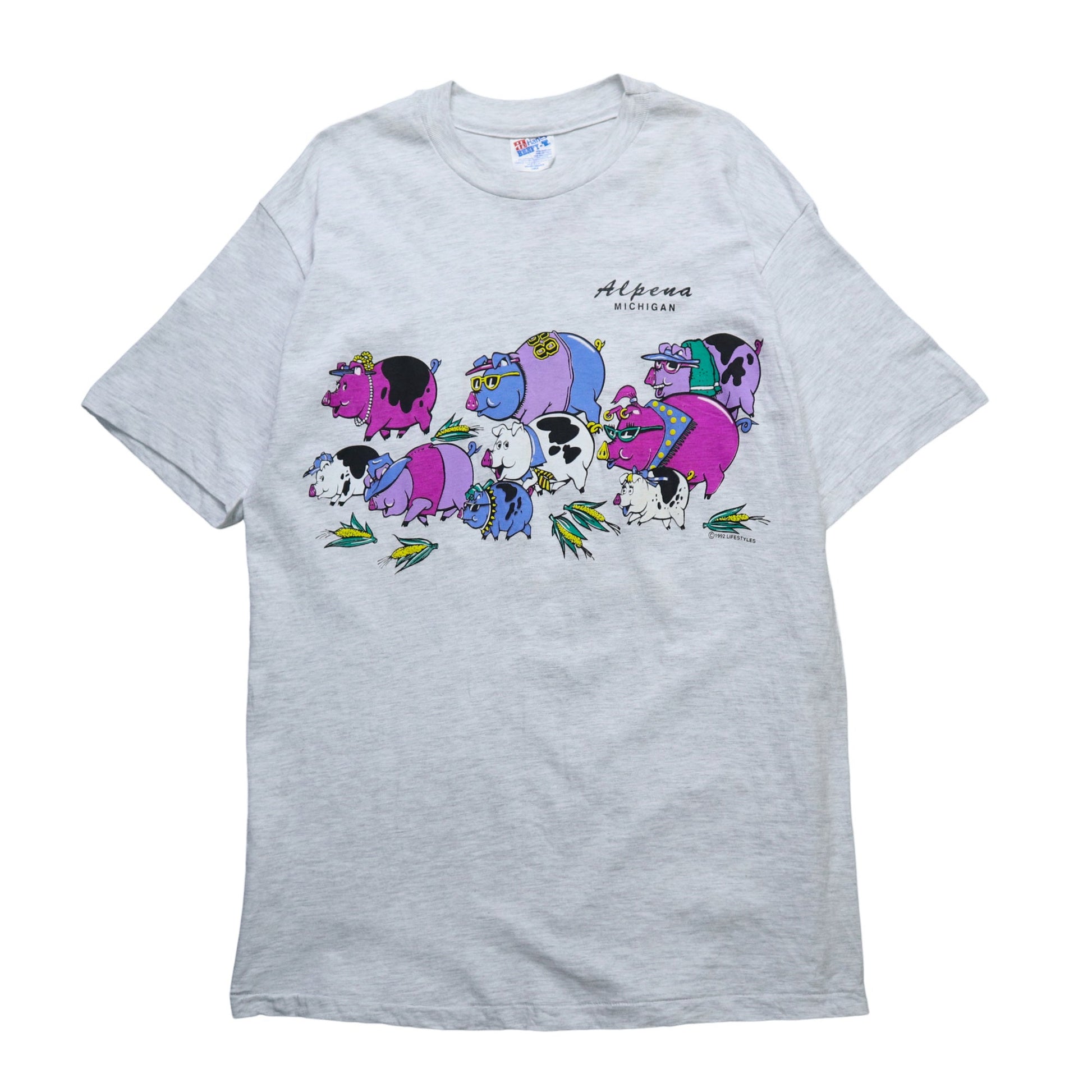 90s Hanes 美國製 密西根州Alpena卡通豬tee*庫存新品 - 富士鳥古著