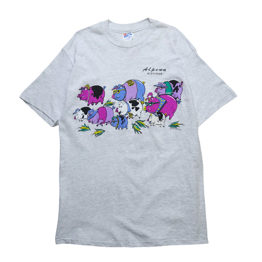 90s Hanes 美國製 密西根州Alpena卡通豬tee*庫存新品 - 富士鳥古著