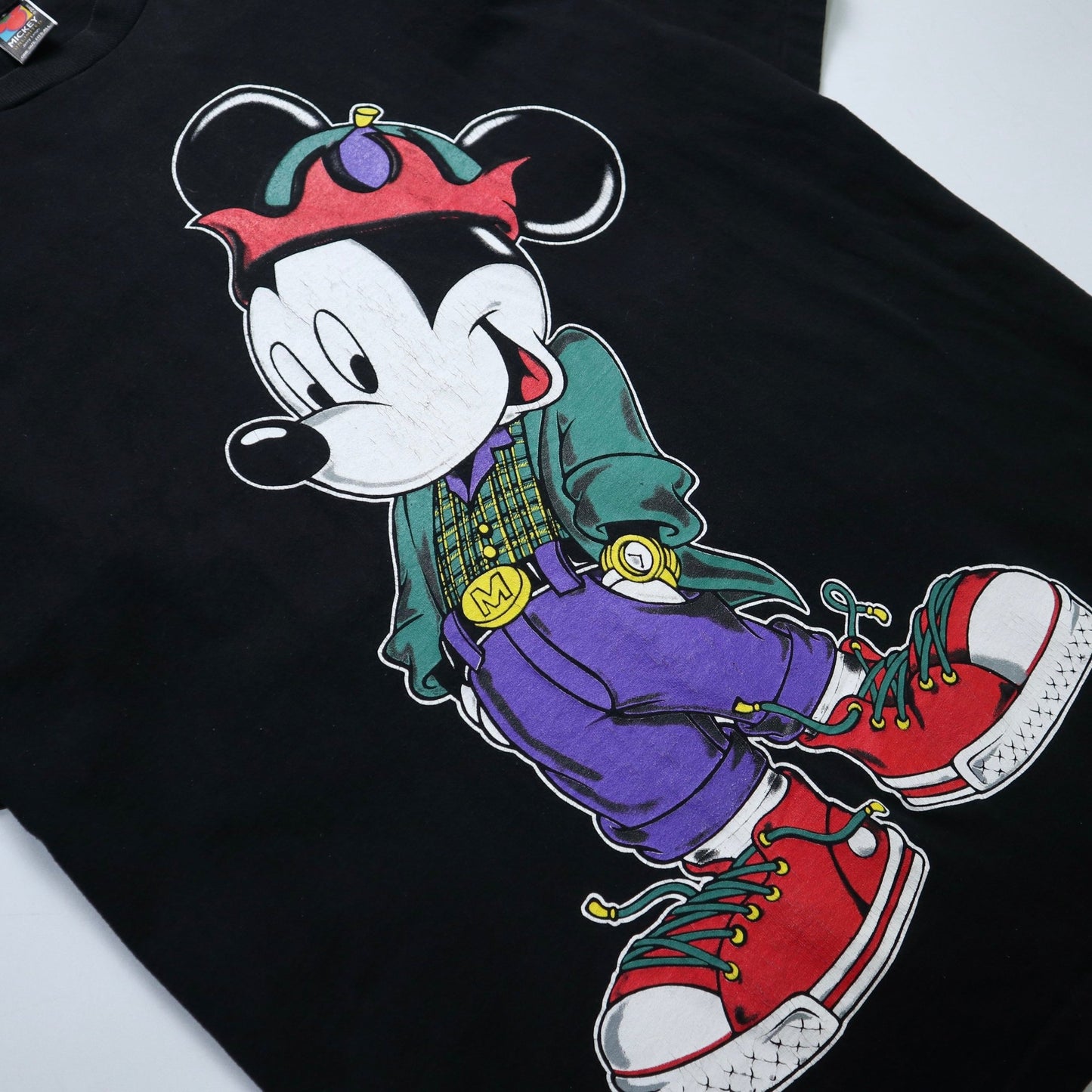 90s 美國製 Hip - Hop Mickey黑色純棉膠印tee - 富士鳥古著