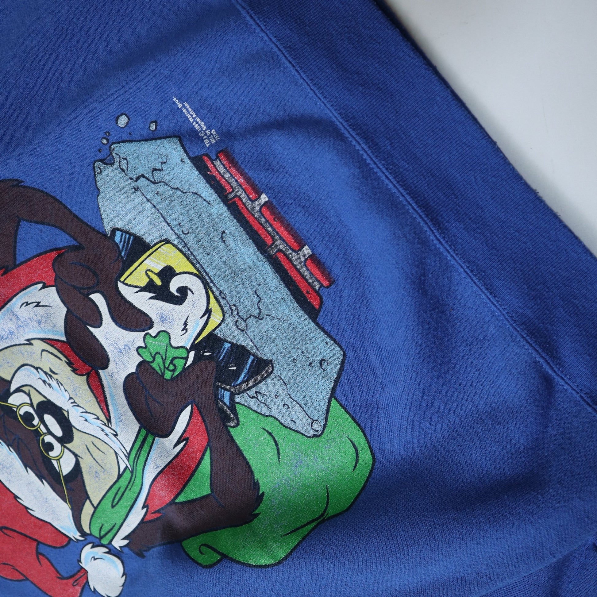 90s 美國製 Looney Tunes Taz 寶藍色聖誕老人衛衣 - 富士鳥古著