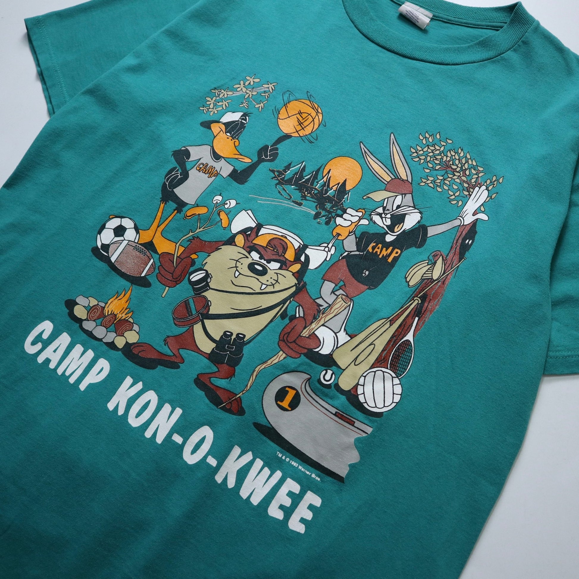 90s 美國製 樂ㄧ通 露營主題湖水綠膠印tee - 富士鳥古著