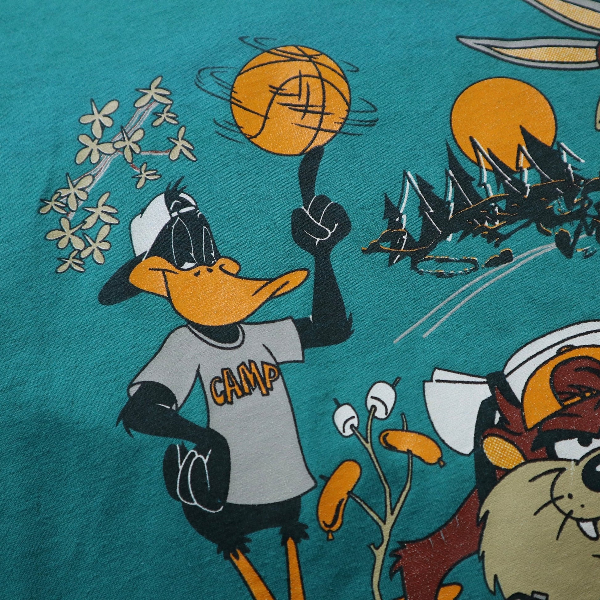 90s 美國製 樂ㄧ通 露營主題湖水綠膠印tee - 富士鳥古著