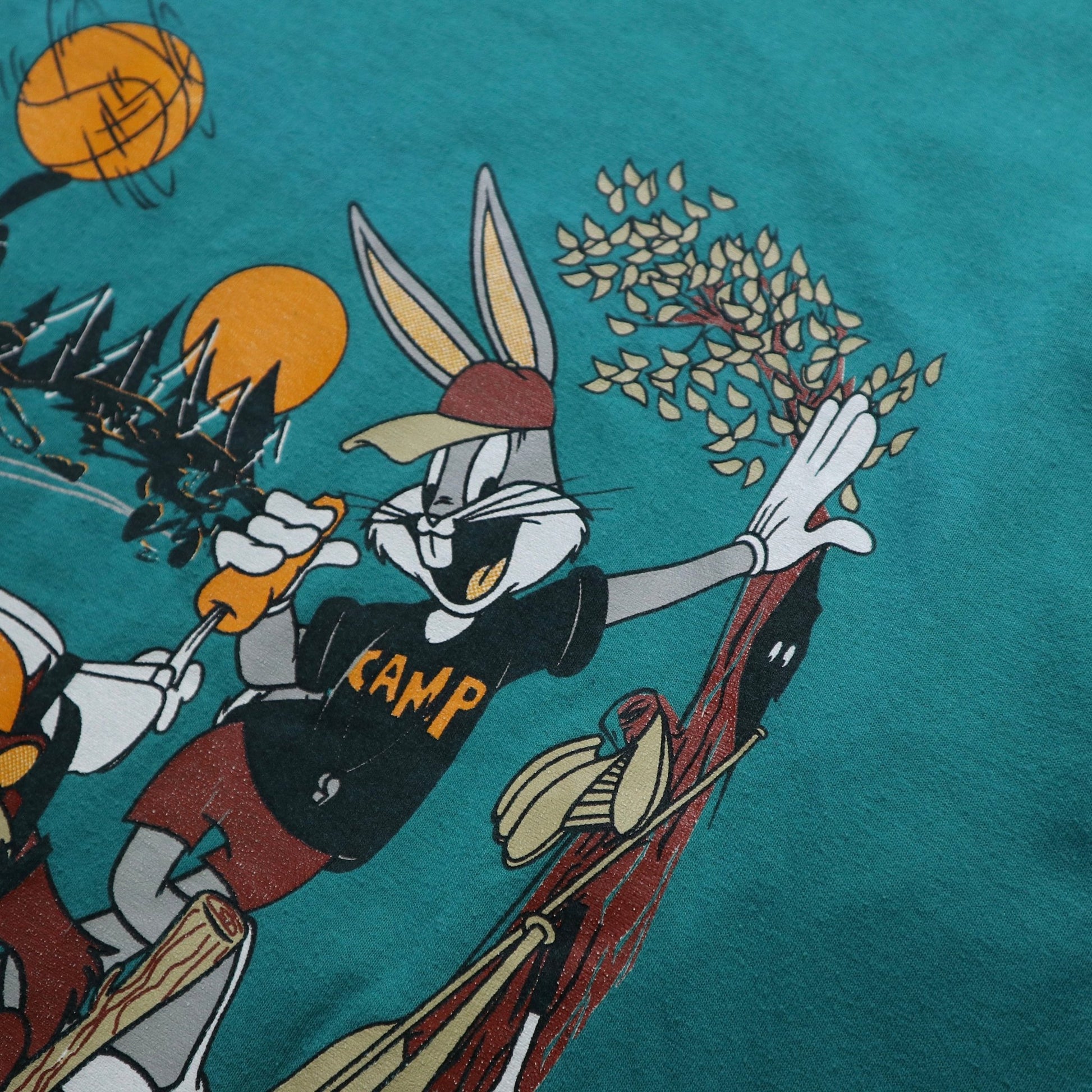 90s 美國製 樂ㄧ通 露營主題湖水綠膠印tee - 富士鳥古著
