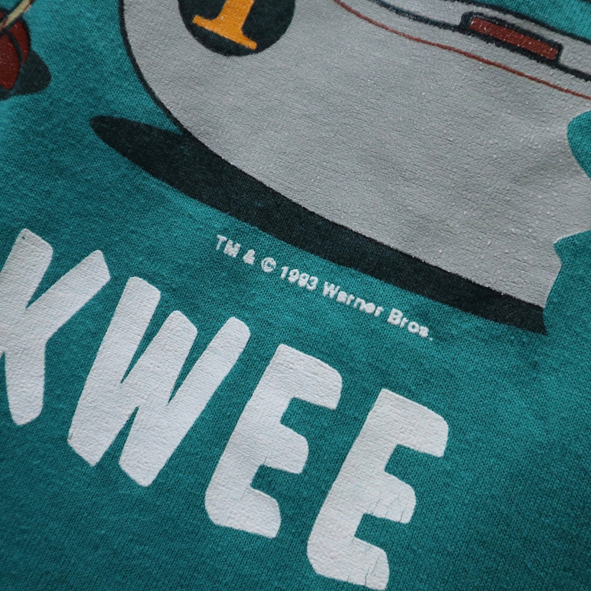 90s 美國製 樂ㄧ通 露營主題湖水綠膠印tee - 富士鳥古著