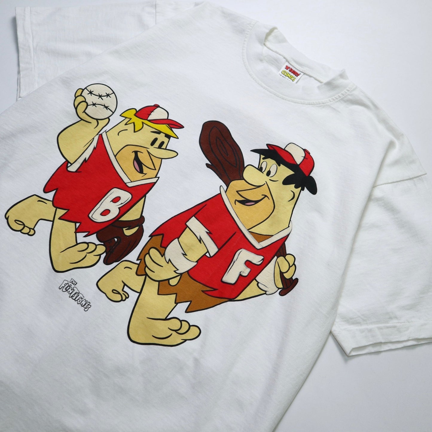 90s 摩登原始人 白色純棉tee Single Stitch - 富士鳥古著