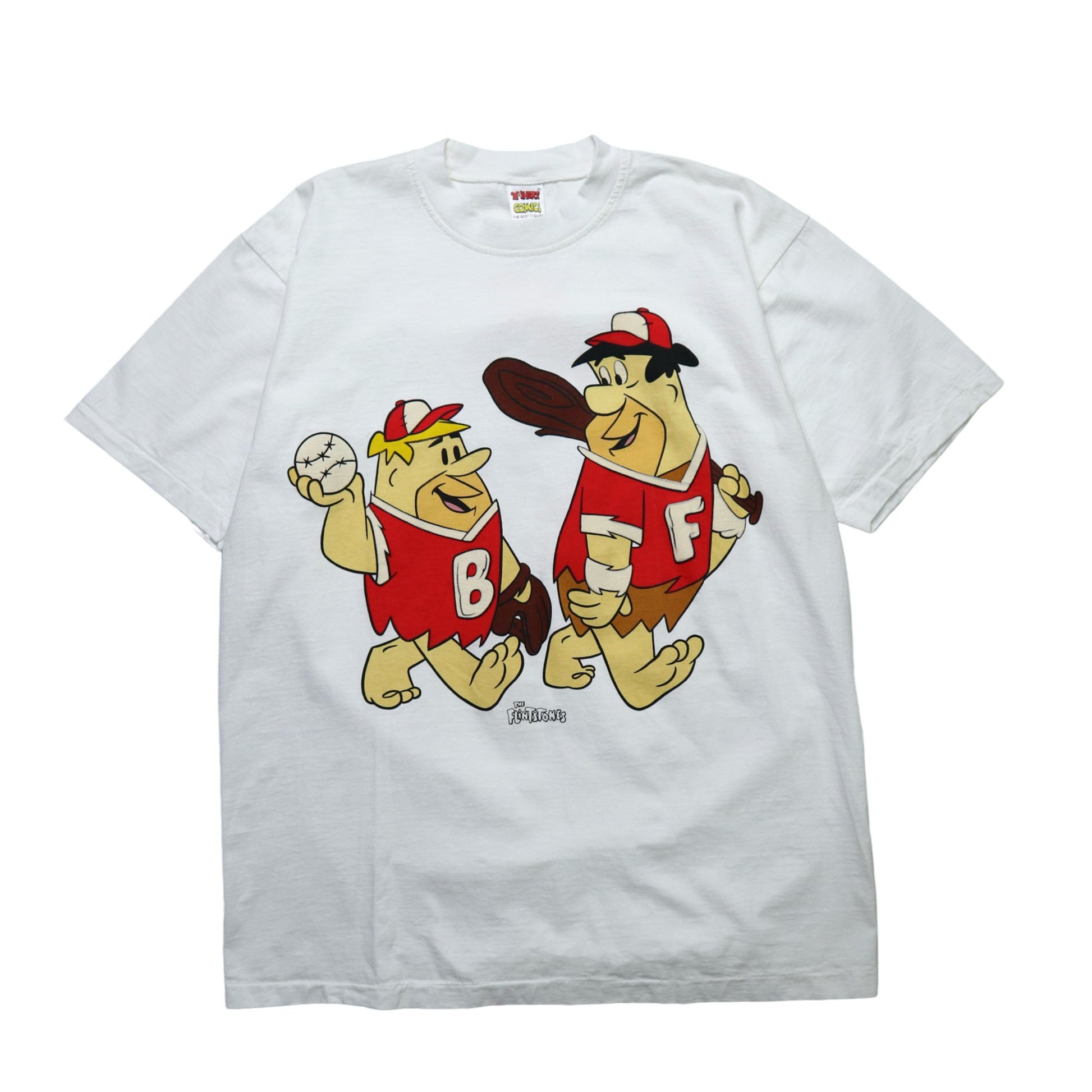 90s 摩登原始人 白色純棉tee Single Stitch - 富士鳥古著