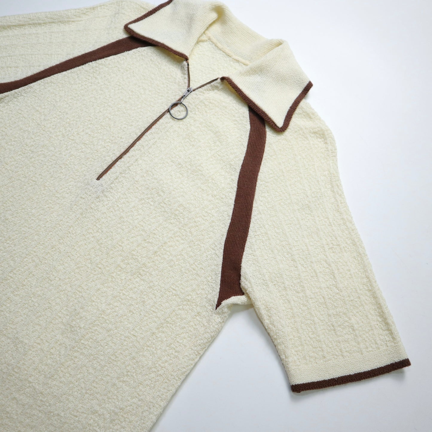 1970s 奶油白針織半拉鍊休閒polo衫