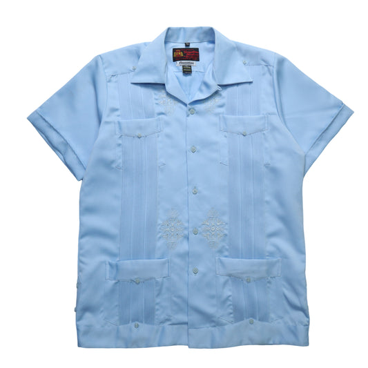 80s/90s 墨西哥製 水藍色刺繡立體條紋古巴襯衫