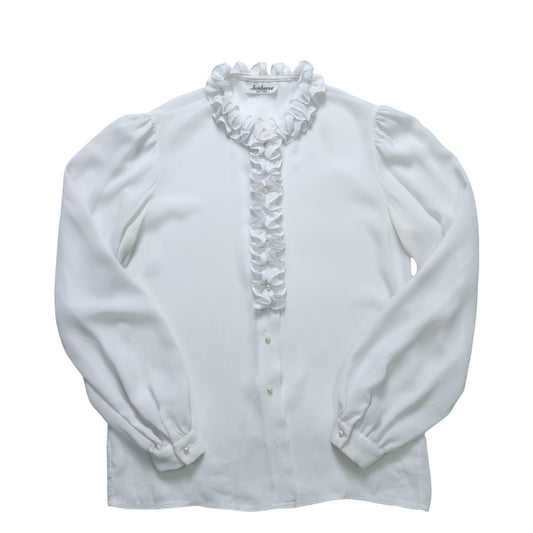1980s white three-dimensional ruffled chiffon shirt