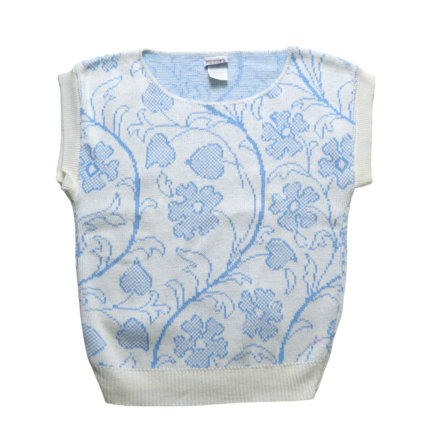 80s American-made white and aqua blue printed knitted top