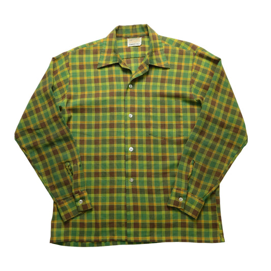 60-70s 綠色格紋開襟輕薄襯衫