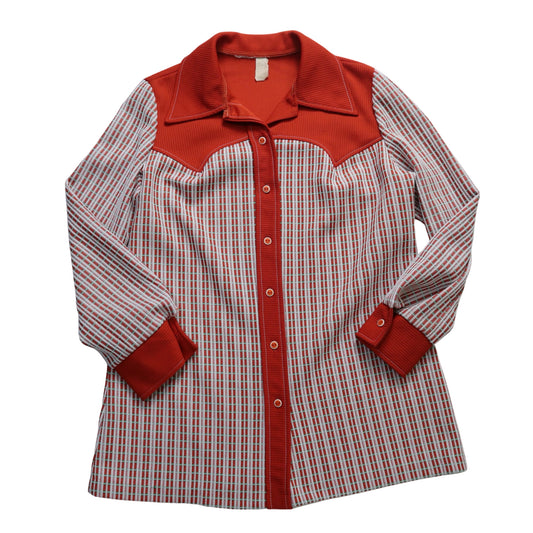 1970s 橘紅色格紋箭領西部襯衫