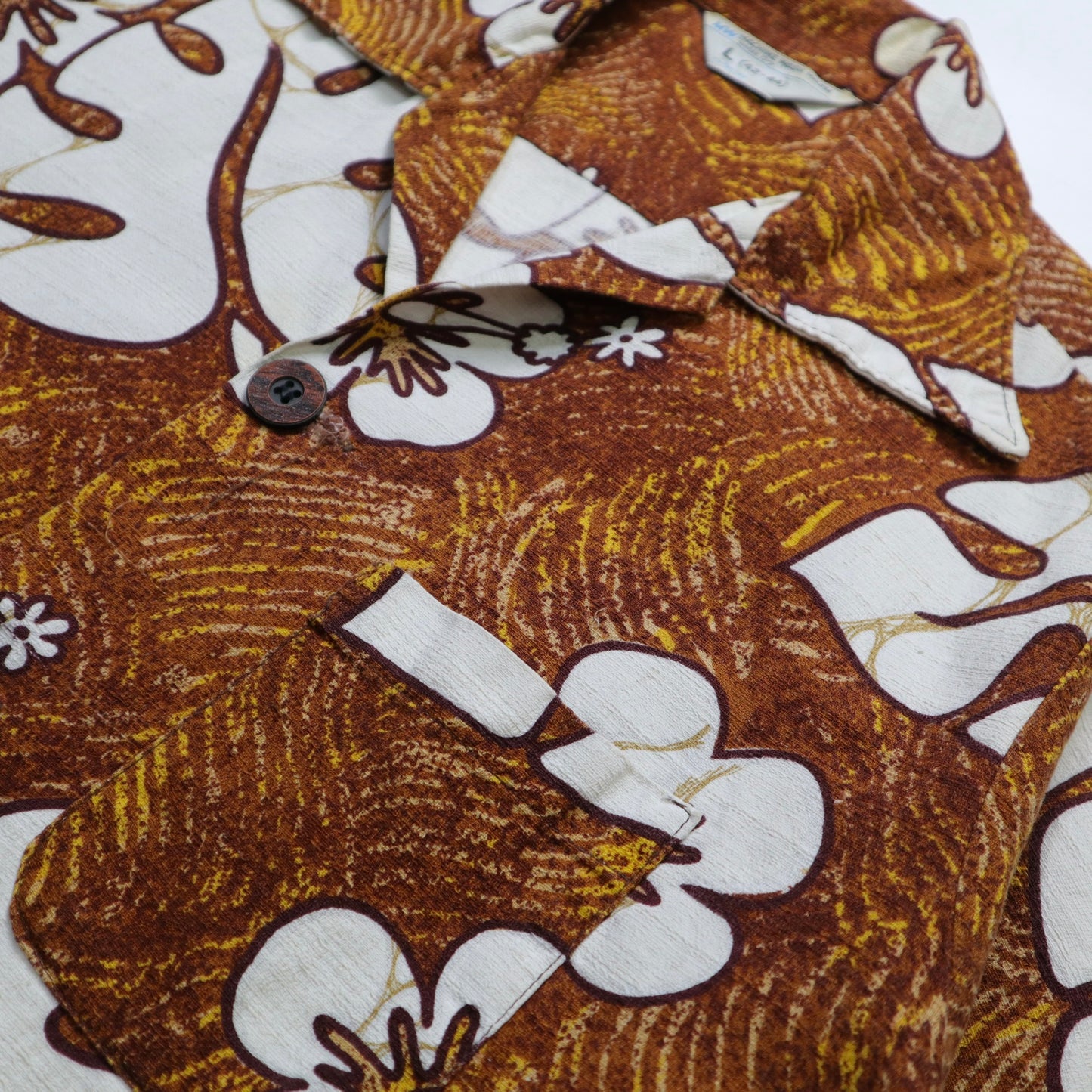 70年代 JC PENNEY ヤシの葉とハイビスカス樹皮のコットンアロハシャツ