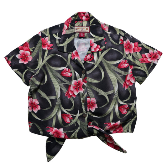 Black Bottom Hibiscus Knotted Hawaiian Shirt