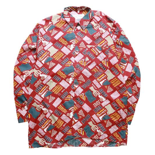 Vintage Red Color Block Totem Shirt Long Sleeve Shirt