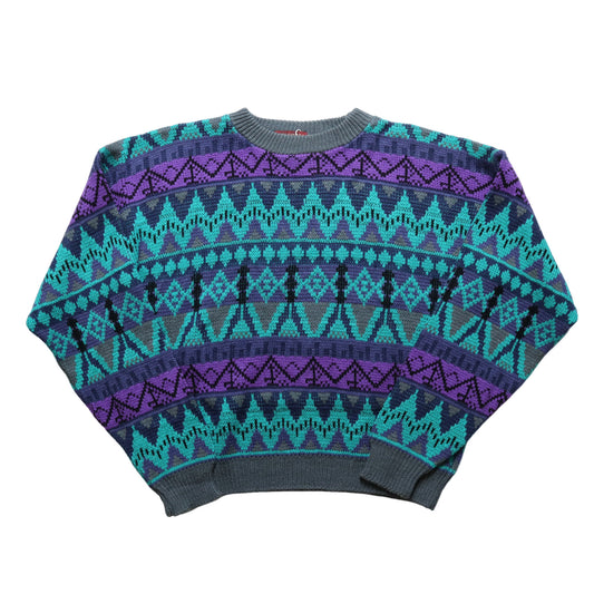 90s 美國製 綠紫色幾何圖短版毛衣